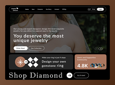 Jewels Deluxe - Jewelry Web Site Design: Landing Page beauty bracelet collection diamond elegant gold hero section homepage jewellery jewelry landing page luxury necklace rings ui uiux ux web web design website design