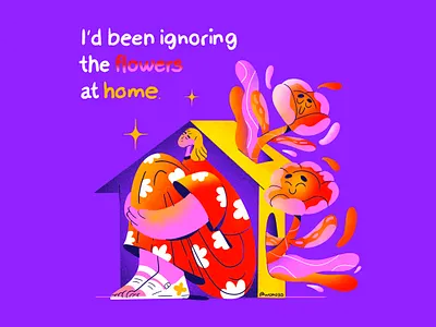 Flowers at home 3d c4d character color emotions flowers girl house illustration orangedress