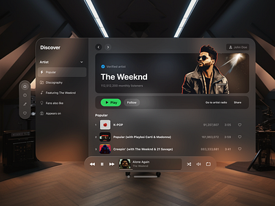 Spatial Design for Spotify apple artistpage glass playback redesign spatial design spatial ui spotify the weeknd visionos visionpro visual design