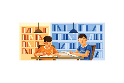 Two Students Learn in the Library Illustration journey