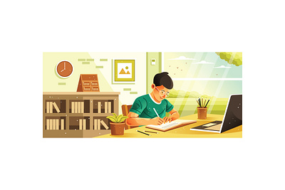 Young Boy Learning at Home Illustration support