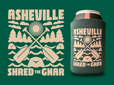 Asheville Koozie asheville beer clouds forest graphic design illustration koozie lettering outdoors paddles print rafting rapids river rocks simple soda sun typography whitewater