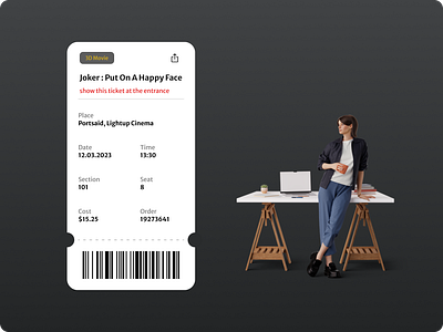 Cinema Ticket, Daily Challenge app barcode black challenge cinema dailychallenge design movies ticket ui uidesign userinterface ux uxdesign white