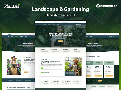 Plantsie - Landscape & Gardening Website Design creative decoration drag and drop elementor farm floral gardening green home exterior landscape gardening landscape service lawn lawn service plant planting responsive design template kit ui ux design web design wordpress