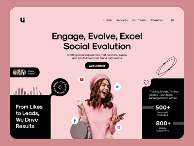 Social Media Management Landing Page clean design digital finance home home page homepage landing landing page landingpage minimal pink social media uidesign uiux userinterface uxui web design web page website