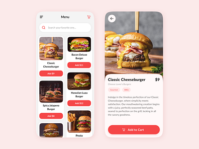 Food Menu UI app design burger chef cook delivery dining e commerce eat fast food food food delivery menu mobile app order pizza recipe restaurant shop sushi ui