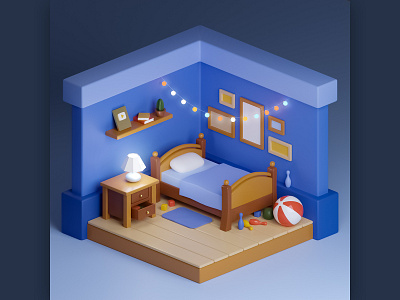 Bed room 3d blender blue boy children cute design interior isometric room toys