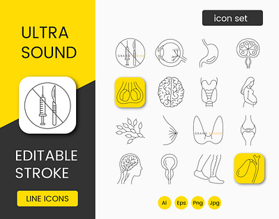 Ultrasound diagnostics, line icons set appendix