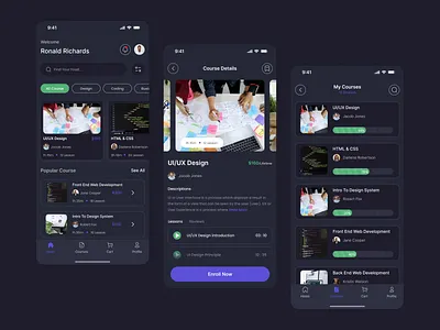 Dark Mode Version of the E-learning App app design e learning e learning app figma mobile app ui ux