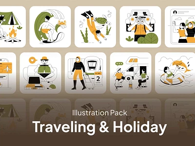 Traveling & Holiday Illustration Pack beach camping design diving hero illustration illustration landing page surfing traveling ui vacation website