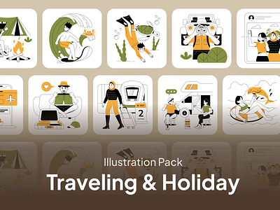 Traveling & Holiday Illustration Pack beach camping design diving hero illustration illustration landing page surfing traveling ui vacation website