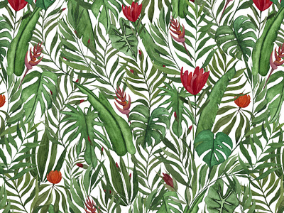 "Breath of the Jungle". Green pattern with flowers appliedart artprocessphotos botanicalart creativeprocess designinspiration designshowcase drawingprocess dribbbledesign floralpattern greenleaves handpainted leafydesign mockupshowcase naturalinspiration patterndesign patterninuse photoshopediting tropicalmood tropicalpattern watercolordesign