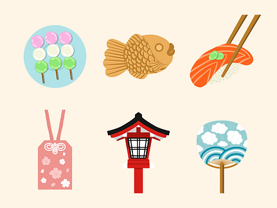 Japan Illustrations dango design flat illustration japan omamori sushi taiyaki uchiwa