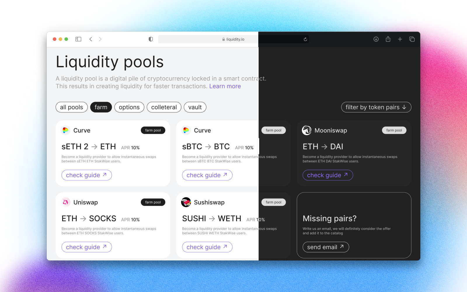 Liquidity pools cards clean crypto dark theme design liquid pools ui web3