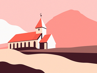 Faroe Islands church clouds design graphic design illustration landscape light minimalism mountains ocean simplicity sky travel vector
