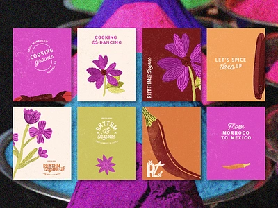 Rhythm & Thyme brand identity brand illustration branding colorful custom graphics design exotic food graphic design illustration logo design postcards poster spices