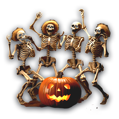 Halloween skeletons laugh around a pumpkin citrouilles squelettes western western halloween