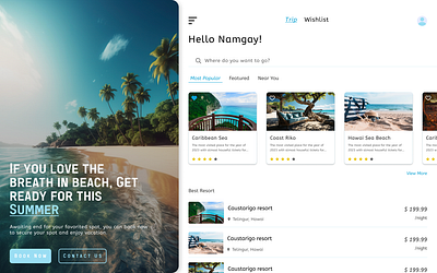 Book a place at the beach in vacation app app prototype branding card cool ui desig design graphic design hotel booking ui design illustration landing page design logo prototype ui ux