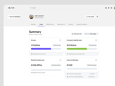 Settings page attributes billing concept dashboard design edit events insights irakli lolashvili monthy page plans profile settings summary surveys tracker usage user users