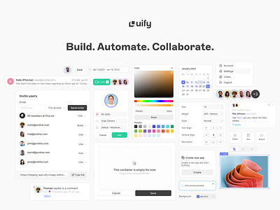 Uify - Build. Automate. Collaborate. buttons design system low code modals navigation product