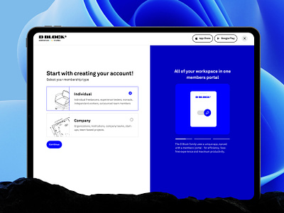 D BLOCK - Co-working spaces account blue co working interaction landing motion onboarding sign up ui