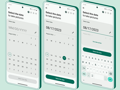 Book a taking pictures - Select the date book booking date picker material design mobile step ui ux