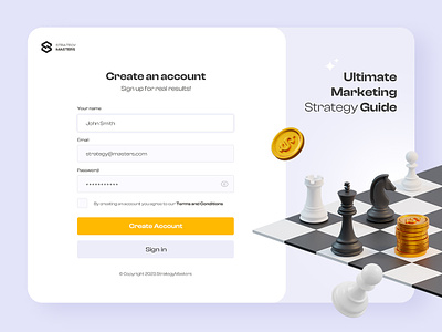 Sign Up page with chess 3d 3d icons blender chess chessboard coins dailyui gold graphic design marketing money sign up strategy ui web website