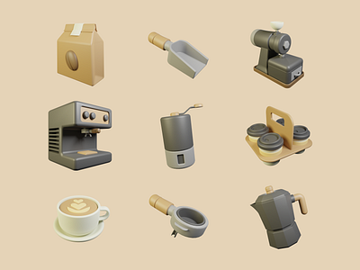 Coffee Tools 3D Icons 3d design graphic design icon illustration illustrator line logo ui