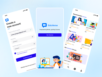 EduVerse - Elearning App UI (FREE DOWNLOAD) app design children clean design e learning education education app elegant free free download illustration learning online minimal mobile app ui ui kit user friendly ux