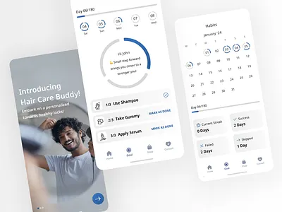 Hair Regrowth Habit Tracker blue calendar design dates design experience habit habit tracker hair regrowth interface mobile product product design progress progress bar tracker ui uiux ux