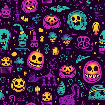 Neon Halloween pattern skeletons