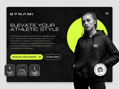 Dynami: Landing Page for Activewear activewear concept creative darkmode design gym hoodie kavizo landing page sleek ui ux vibrant website