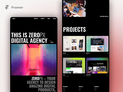 ZEROPX | Digital Agency and Portfolio Framer Template agency animation design framer framer template no code product design template framer ui uxui web agency