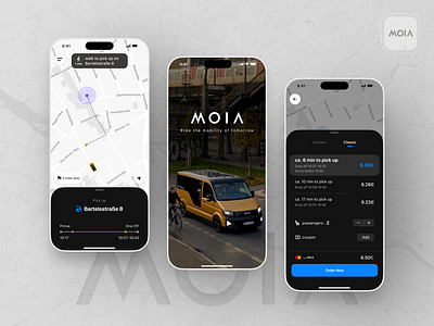 MOIA - Ride Sharing App Redesign animation app application dynamic island electric cars figma ios ios 17 iphone 14 pro live activites location maps minimal passengers prototype ride ride sharing taxi ui user interface