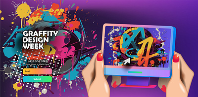 Graffiti-style web banner and office computer in hand geometric