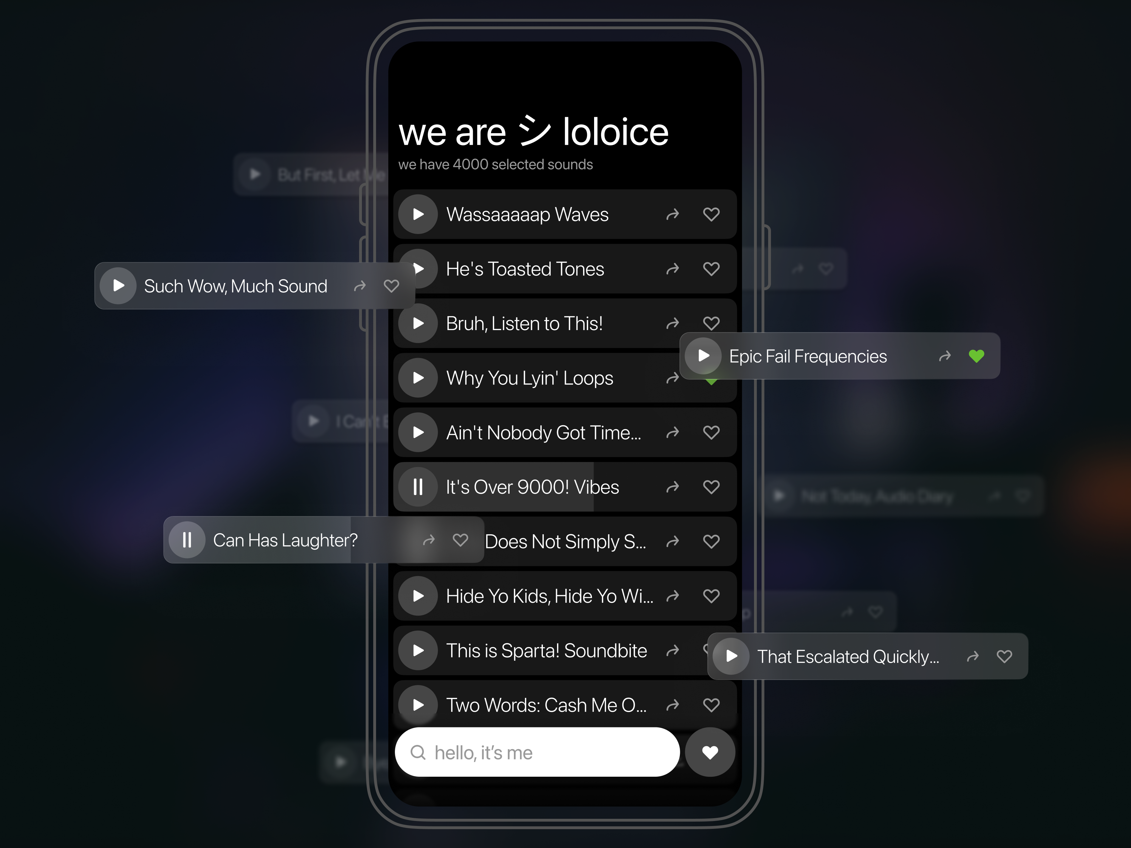 Loloice: The Ultimate Funny Sound Library App blackandwhite darkui glassycards ios soundapp typelogo ui