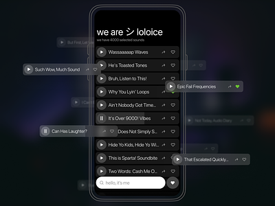 Loloice: The Ultimate Funny Sound Library App blackandwhite darkui glassycards ios soundapp typelogo ui