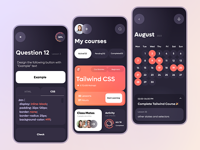 Developer Course App app design calender class clean course css developer course education learning lesson minimal modern online school programmer quiz student study to do ui uiux