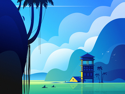 Pagoda in the Landscape art blue cliff cloud coconut tree design dolphin house illustration mountain nature ocean people sea seagull shore sky tower tree yellow
