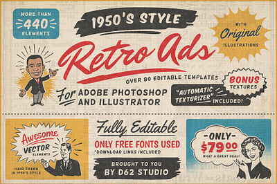 1950s Retro Style Ad Templates branding design graphic design illustration typography ui ux vector