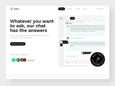 Super - AI Chatbot Landing Page ai ai assistant artificial intelligence bot chat chat app chat gpt chatbot conversation ui design landing page message product design prompt ui uiux web design website