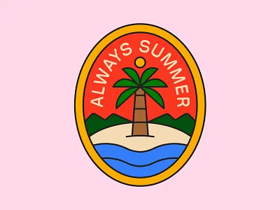 Always Summer badge beach branding design flat icon illustration logo mountain ocean palm patch sand sea sticker stickers summer sun tree vector