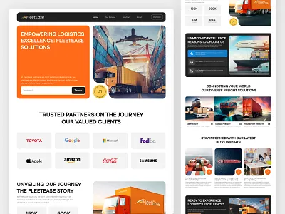 Logistics FleetEase Landing page design 247 support air freight cargo freight e commerce solutions figma innovative design landing page design logistics website mobile app design responsive design seamless shipments supply chain solutions sustainability transport logistics ui uidesign uiux design user friendly navigation web ui website design