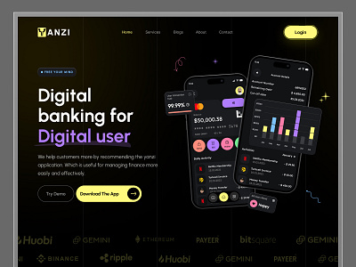 Yanzi Finance App Landing page bank credit card dark mode digital banking finance finance landing page finance website fintech application homepage interaction landing page design mangement marketing website mobile app money saas app transaction ui web design website