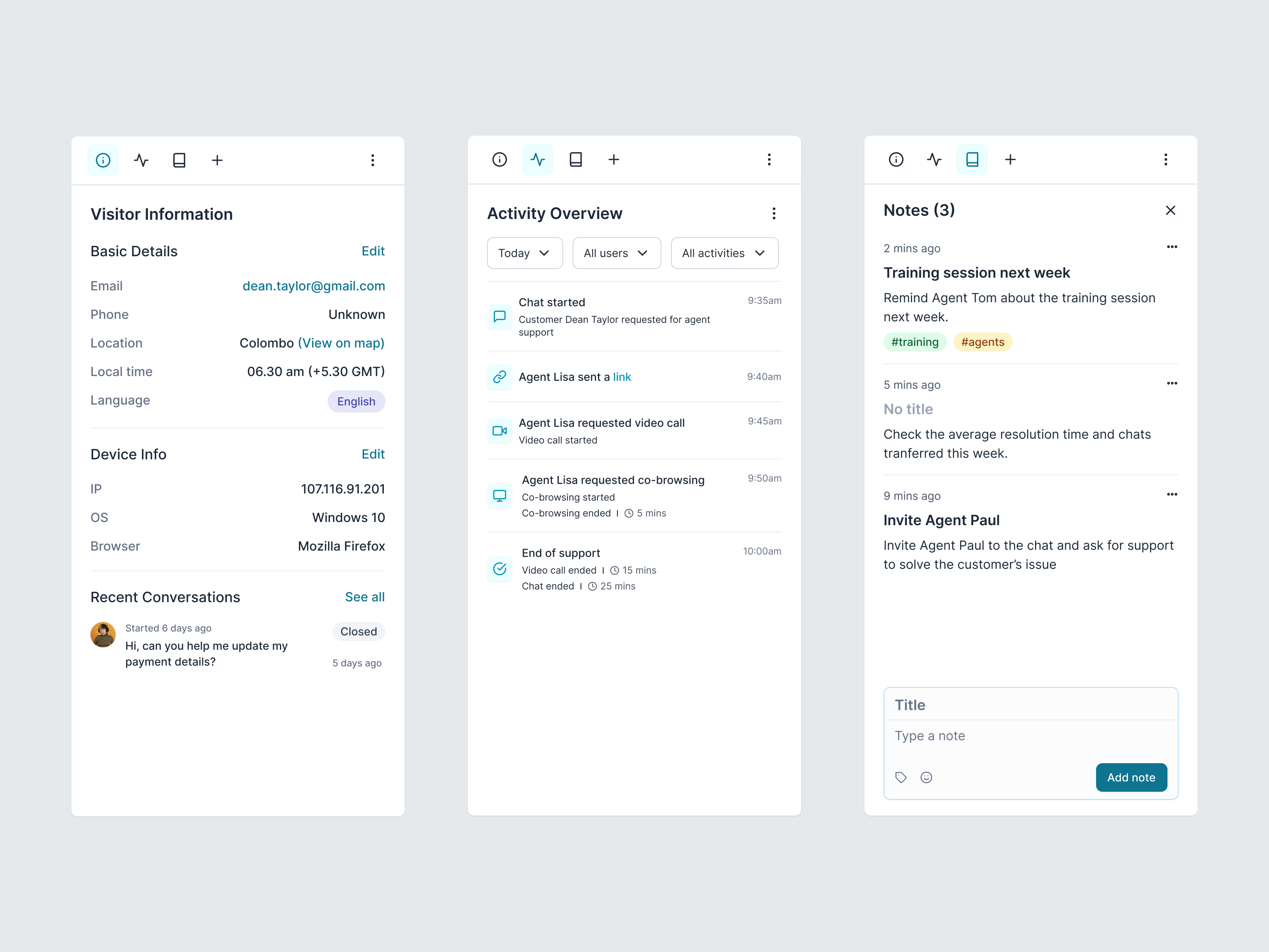 Customizable Side Panel - Customer Engagement Platform activity chat communication customer detail notes pane panel product design saas side sidepanel tabs ui ux ux design