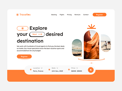 Traveflex- Travel website Landing page branding design graphic design homepage illustration landing page orange tour travel travel website trip ui uide uidesign uxdesign vacation