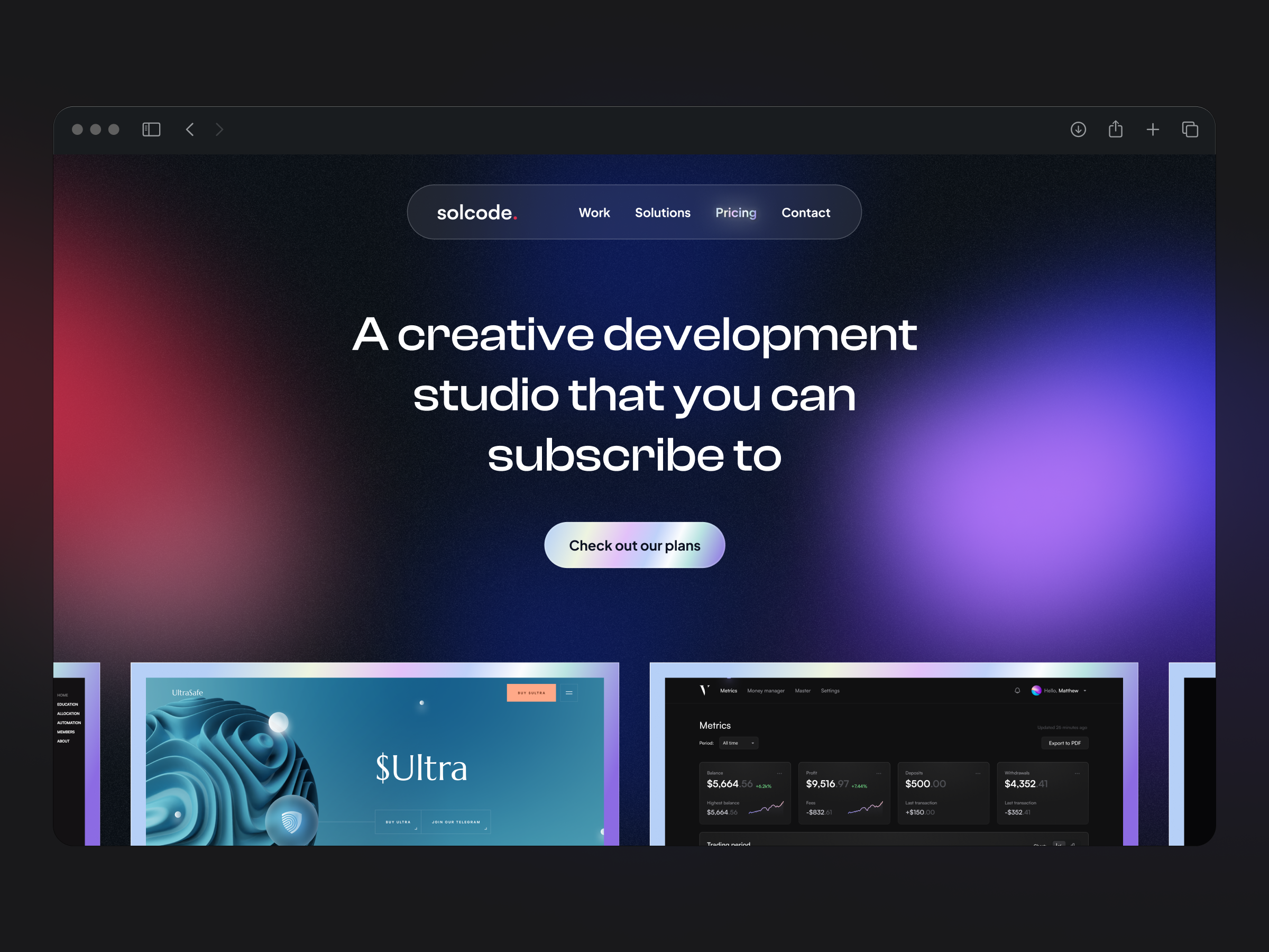 Solcode - Dev & Des studio website agency creative development dark design development landing page studio subscription subscription based webdesign website