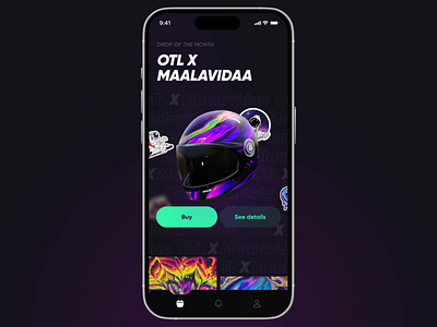 Customized helmets with artists collab - App Exploration ✨ 3d animation app artist branding custom design figma glassmorphism graphic design helmet maalavidaa mobile motion motorcycle nft product rainbow shop ui