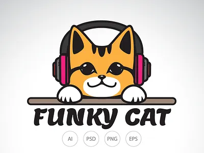 Funky Cute Cat Logo cat logo cute logo kawaii logo kitten logo music cat logo music logo real cat logo