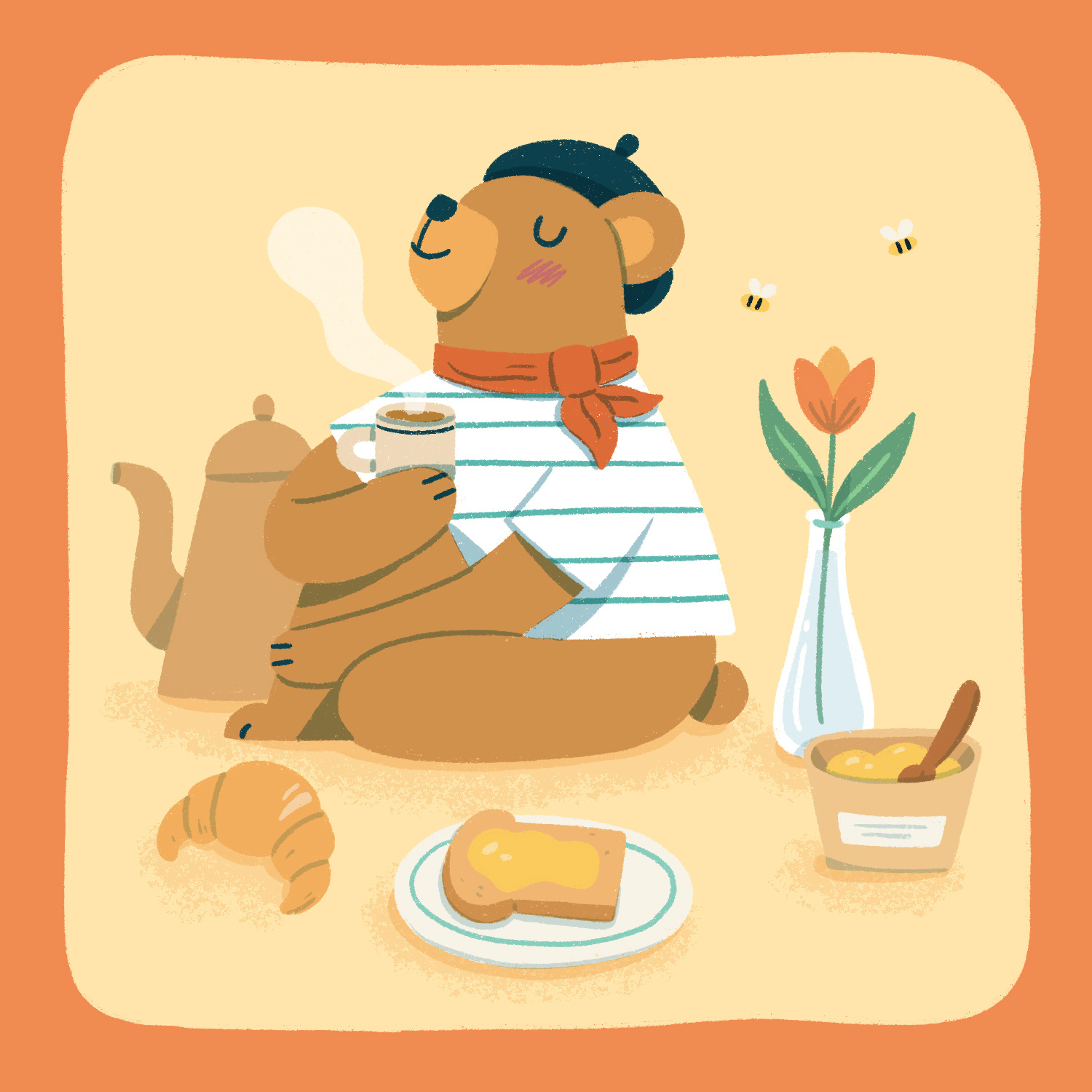 Cozy Bear bear character children coffee cozy croissant cute french fun honey illustration kidlit procreate tea warm